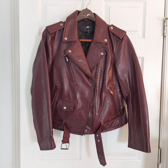 7 for all Mankind genuine leather biker jacket lined warm burgundy oxblood